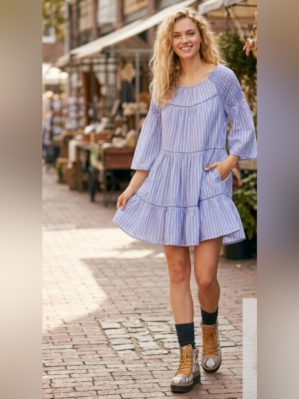 Free People Blue & White Striped Peasant Tunic
